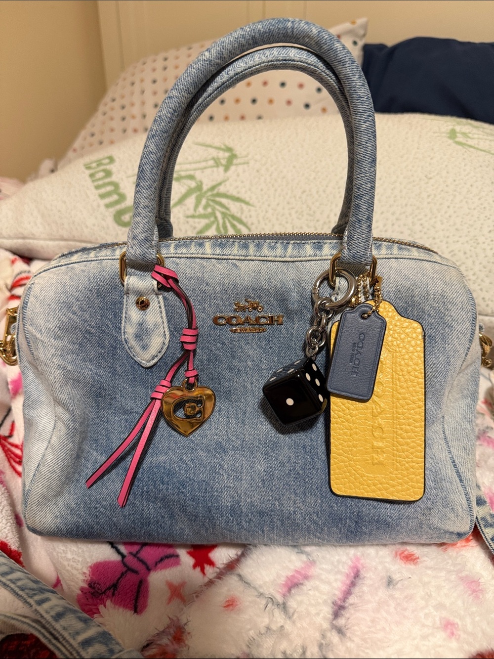 Coach Rowan Satchel Bag in Loved Denim with Charms (Excellent Condition)
